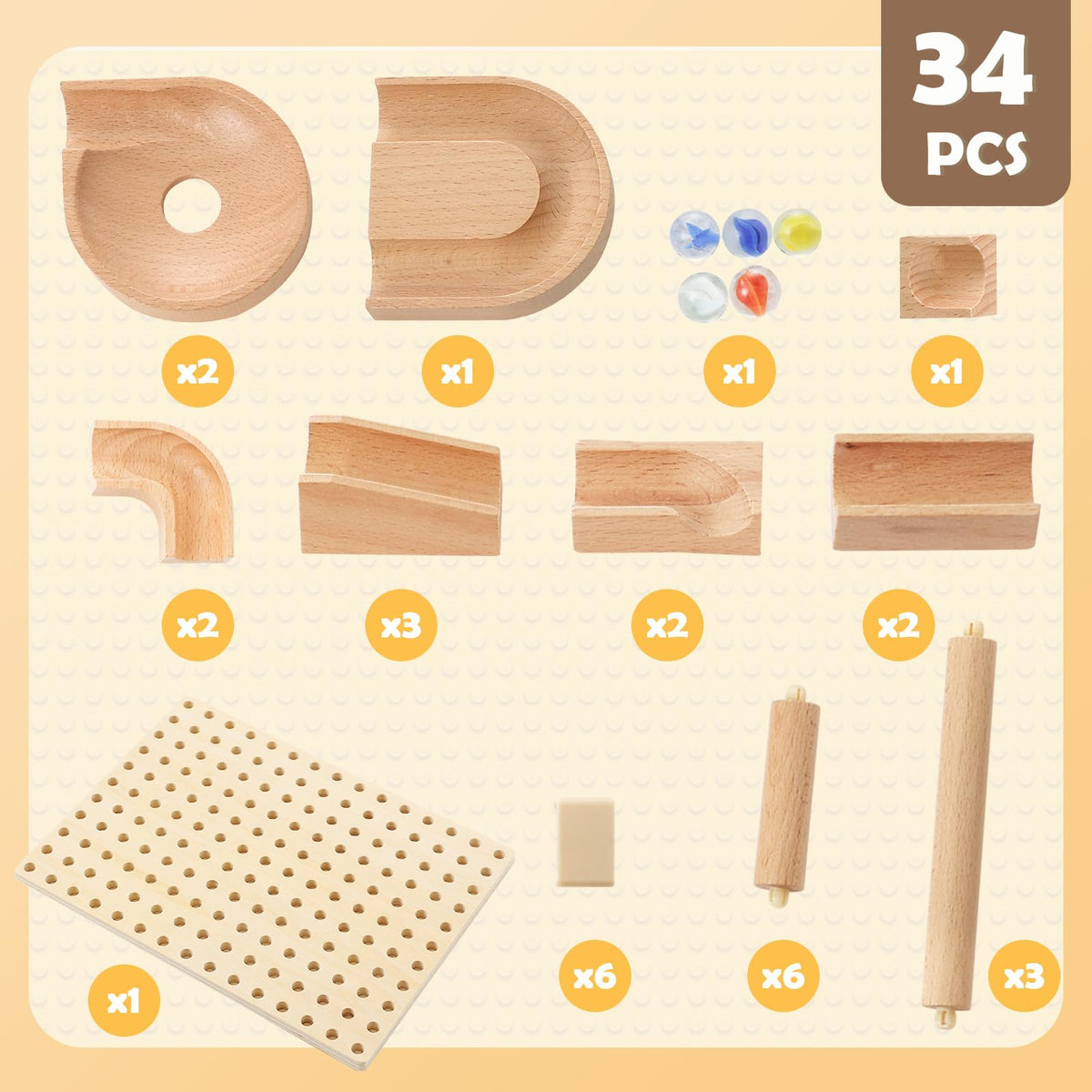 Wooden Marble Runs for Kids 4-8, 34 Pcs Marble Rush Track Maze Construction Play Set, STEM Learning Toys, Wood Building Blocks Toys, Gift for Boys & Girls