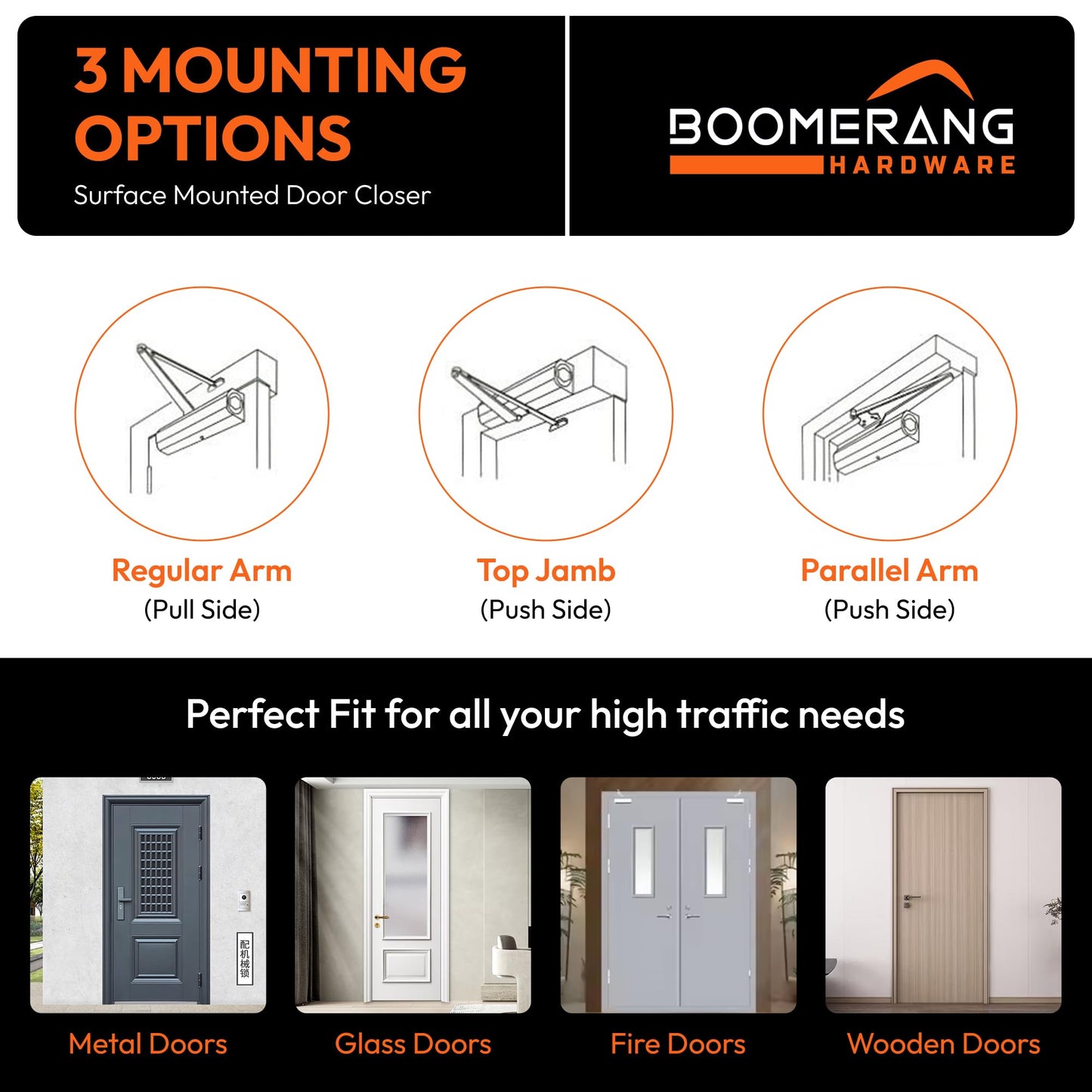 Boomerang Heavy Duty Designer Automatic Commercial Door Closer - D8016-Surface Mounted, Grade 1, Cast Aluminum, UL 3 Hour Fire Rated & ADA for high Traffic doorways, Painted Brass/Gold (US4)