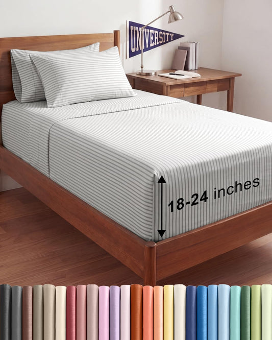 Skiennix Extra Deep Twin XL Sheet Set - 4 Piece Breathable Cooling Bedding - Soft Wrinkle-Free Grey Stripes