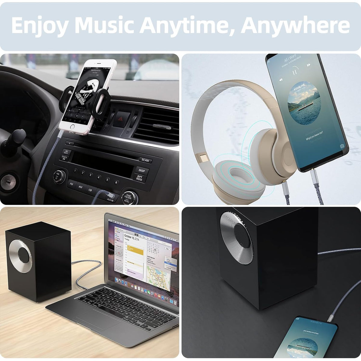 3.5mm (3.3ft/1m) Henrety Nylon Braided Aux Cable - Male to Male Audio Auxiliary Cord for Headphones, Car, Home Stereos