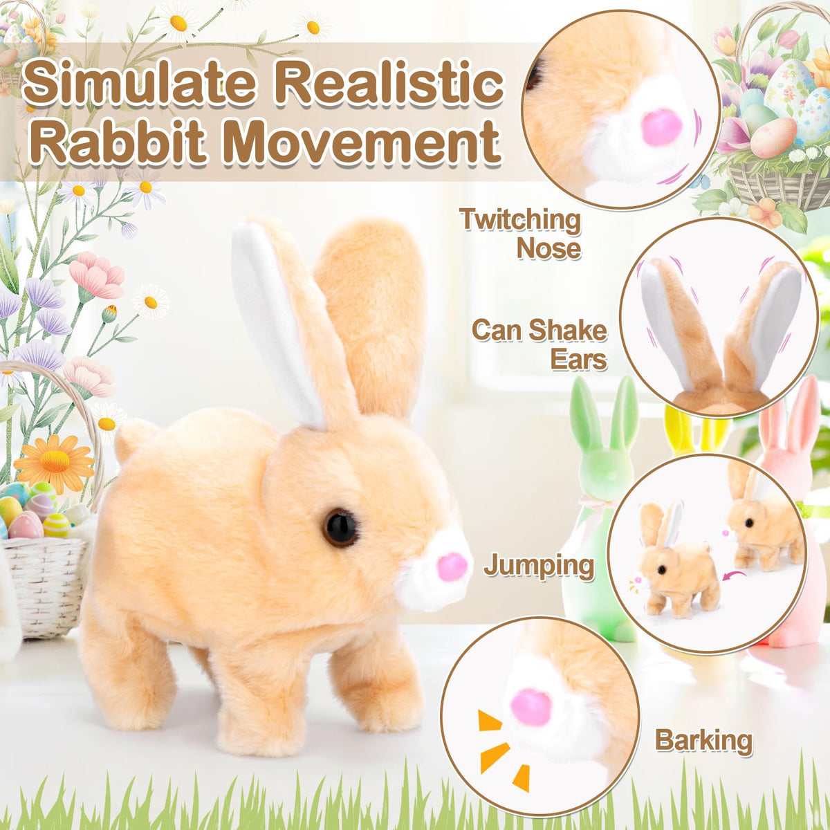 Hopping Bunny Toy, Easter Bunny Stuffed Animal Interactive Electronic Plush with Sounds and Movements, Animated Walking Wiggle Ears Twitch Nose, Easter Gifts for Kids Toddlers Boys Girls (brown)