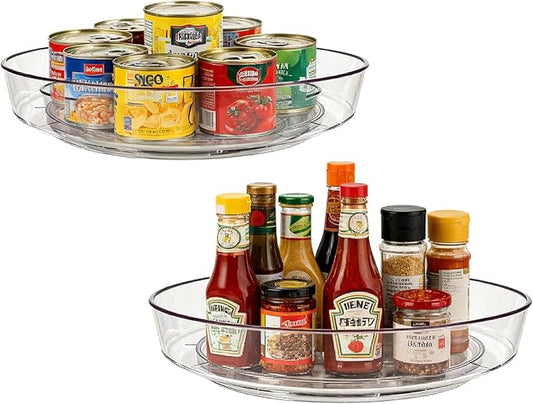2 Pack Lazy Susan 10 inch Turntable for Spice Organization | Clear BPA-Free Plastic Rotating Organizer for Kitchen Cabinet, Pantry, Countertop, Fridge | 360-Degree Rotating Base