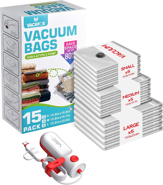 Skiennix Vacuum Bags for Travel - USB & Type C Pump, 15 Pack Carry-On Size, Space Saver for Clothes (Red)