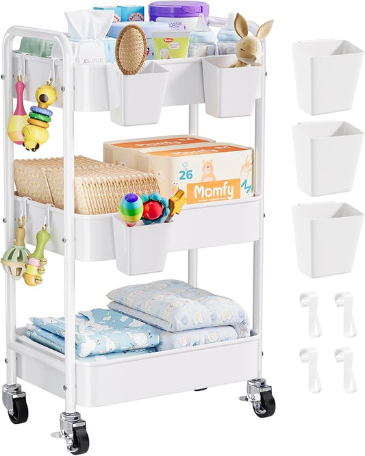 Diaper Cart Organizer with Wheels, 3 Tier Rolling Bedside Cart for Baby Essentials, Baby Organizers and Storage Diaper Caddy Carts for Changing Table, Crib, Bedroom, Newborn Nursery Supplies, White