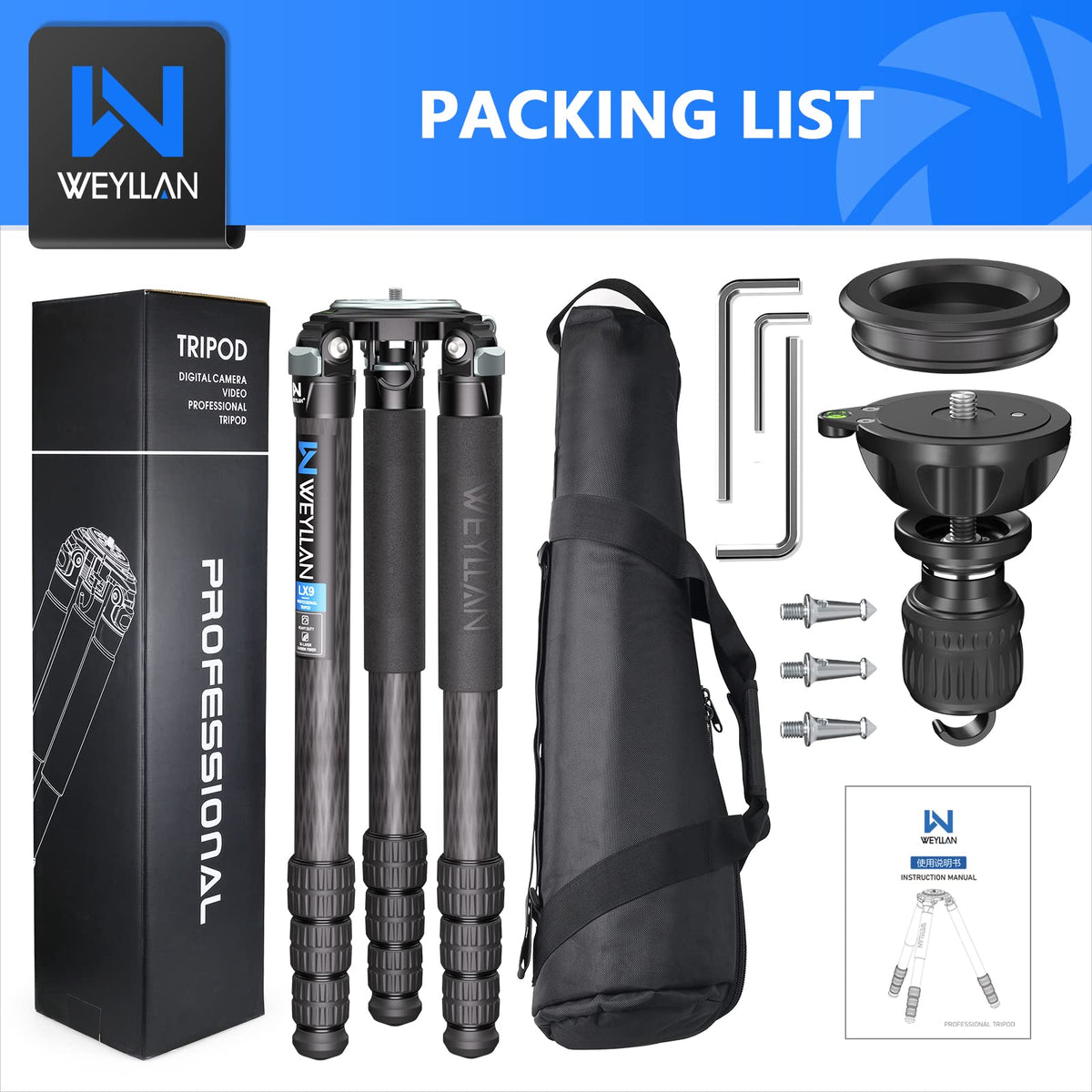 Carbon Fiber Tripod WEYLLAN LX9 Professional Heavy Duty Tripod for Camera, with 75mm Bowl and Adapter, 40mm Leg Tube, 10 Layers Carbon Fibre Bowl Tripods Camera Max Load 88lbs/40kg