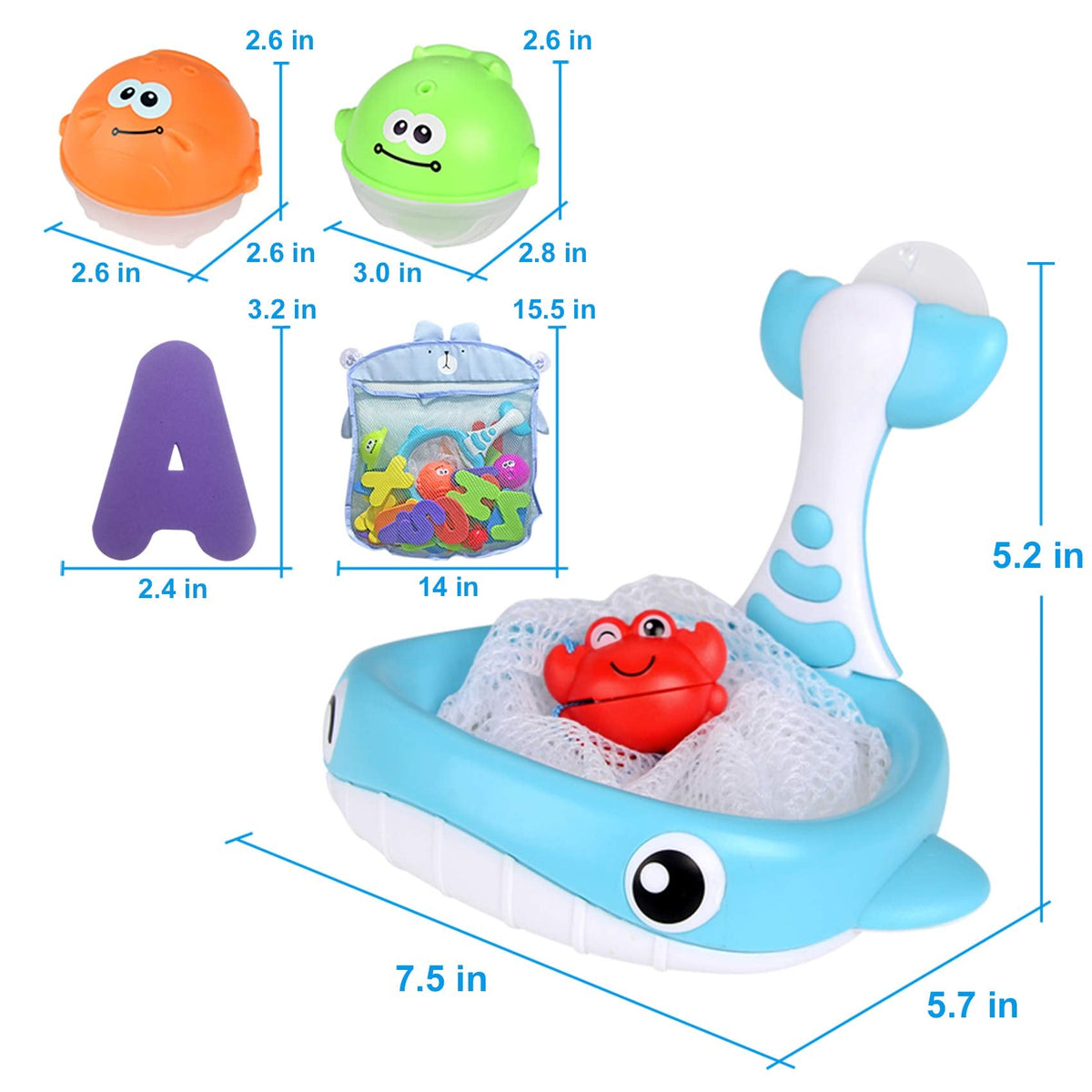 Bath Toy Sets, 36 Foam Bath Letters and Numbers, Floating Squirts Animal Toys Set with Fishing Net and Organizer Bag, Fish Catching Game for Babies Infants Toddlers Bathtub Time