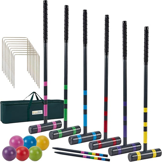 Six Player Deluxe Croquet Set, 35'' Croquette Game with Premium Wooden Mallets/Colored Balls/Wickets/Stakes/Carrying Bag, Outdoor Lawn Backyard Games for Teens Adults Family