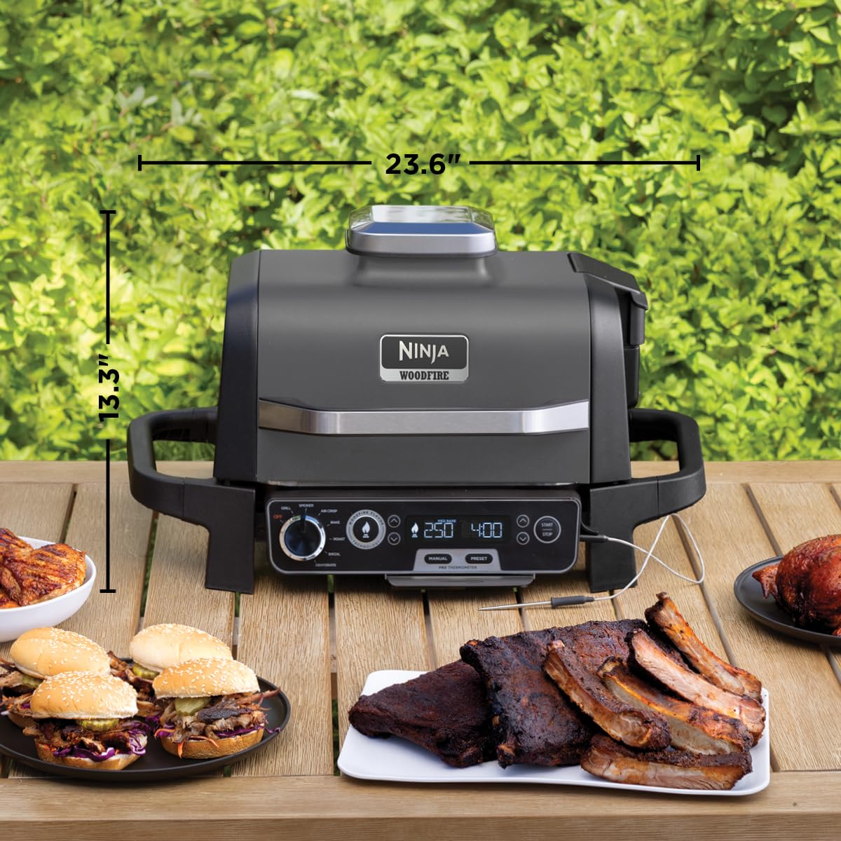 Ninja OG751 Woodfire Pro Outdoor Grill Built-In Thermometer,7-in-1 Master Grill,BBQ Smoker,& Outdoor Air Fryer Plus Bake,Roast,Dehydrate & Broil,Woodfire Technology,Weather-Resistant,Grey XL