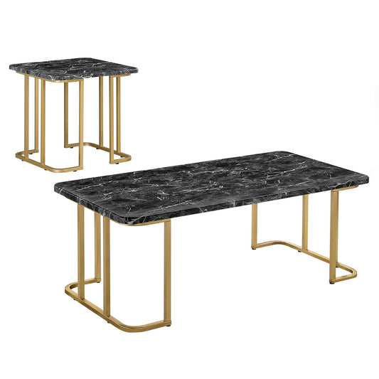 24/7 Shop at Home Scheben Modern Faux Marble Top 2-Piece Coffee Table Set with U-Shaped Metal Base for Living Room, Bedroom, Home Office, Gold Coating and Black