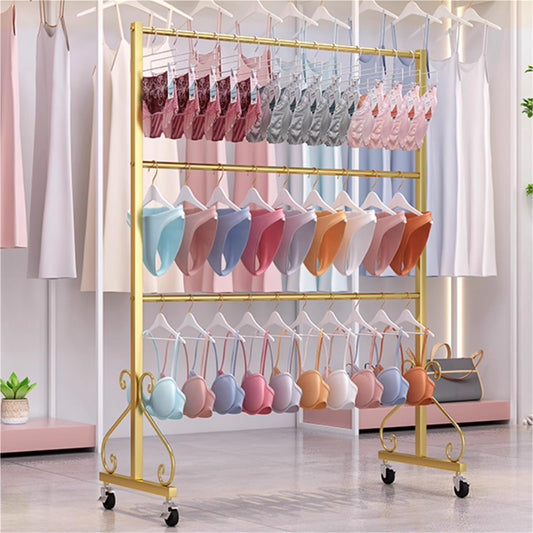 3 Tier Underwear Display Stand, Anti-Slip, Lingerie Bra Rack with Wheels, Metal, Retail Showshelves, Commercial Clothing Store Shelf, for Shorts,Hats, Sock(Gold,120 * 40 * 130cm)