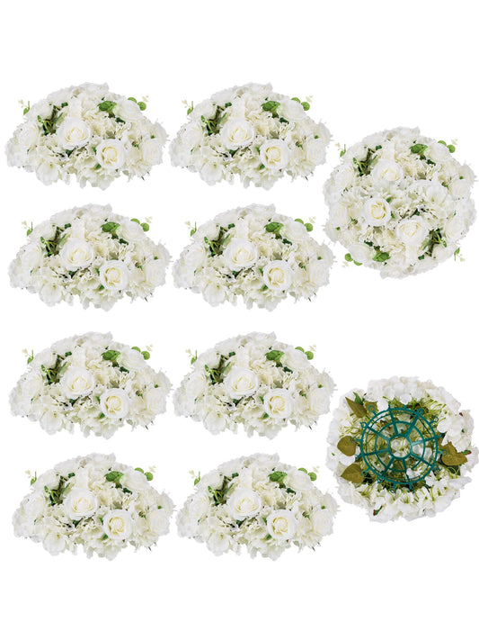BLOSMON Wedding Flower Centerpieces for Tables: 10 Pcs 15.7" Large White Rose Hydrangea Artificial Flowers Ball Decorations - Faux Silk Floral Bouquet Arrangement for Home Party Event Decor