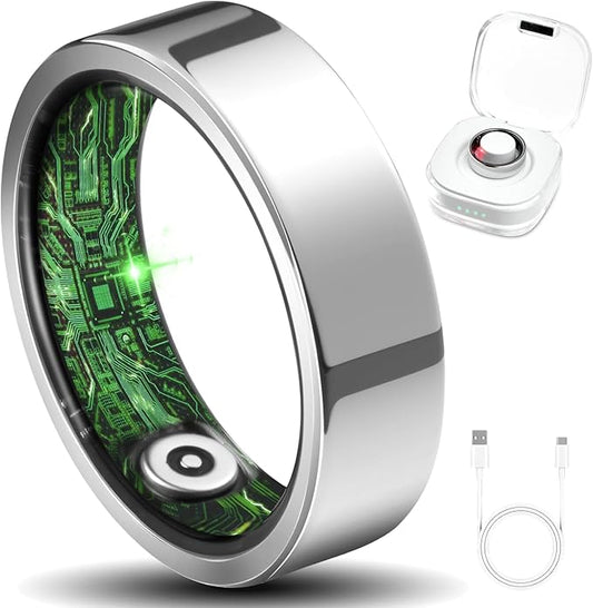 Smart Ring for Women Men Fitness Ring with Step Counting, Heart Rate, Blood Oxygen, Blood Pressure, Sleep Monitoring, IP68 Waterproof for iPhone and Android, No Subscription Fee,Silver 10#