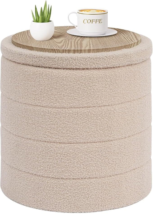 PINPLUS Round Storage Ottoman Foot Rest Stool with Tray Velvet Sherpa Folding Storage Ottoman,Boucle Foot Rest for Living Room, Bedroom, Dorm,Beige Color