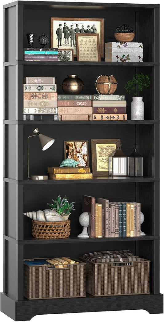 TVU 5-Tier Wooden Bookshelf, 65" Tall Farmhouse Style Open Bookcase, 31.5" W Standing Book Shelf with Storage, Suitable for Study, Living Room, Office, Blcak