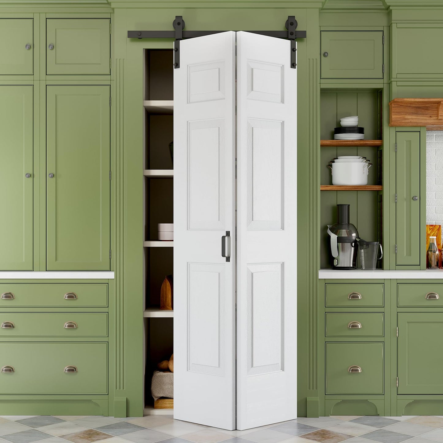 36" x 84" Paintable Bifold Barn Door, No Assembly Required, 6 Panels Bi Fold Barn Door with Hardware Kit Included, 40" Track Kit for 2 Doors, Pre-Drilled Holes