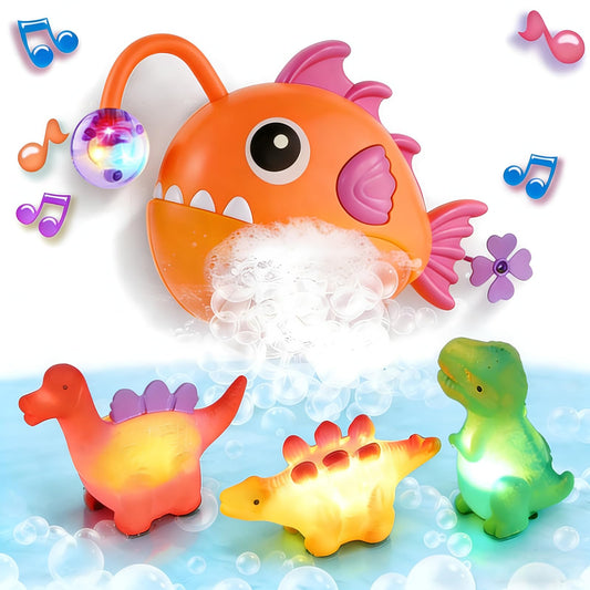 Baby Bath Toys for Toddlers, Light Up Fish Bubble Machine with 3 Dinosaur Water-Activated Toys, Shower Bathtub Toys for Kids Ages 3-8, Birthday Gift Easter for Boys Girls (Red)
