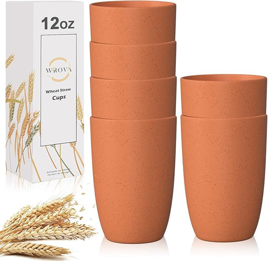 Wrova Wheat Straw Cups 6 PCS Good Alternative to Plastic Reusable Cups 12 oz Unbreakable Drinking Cup Reusable Dishwasher Safe Water Plastic Glasses Orange
