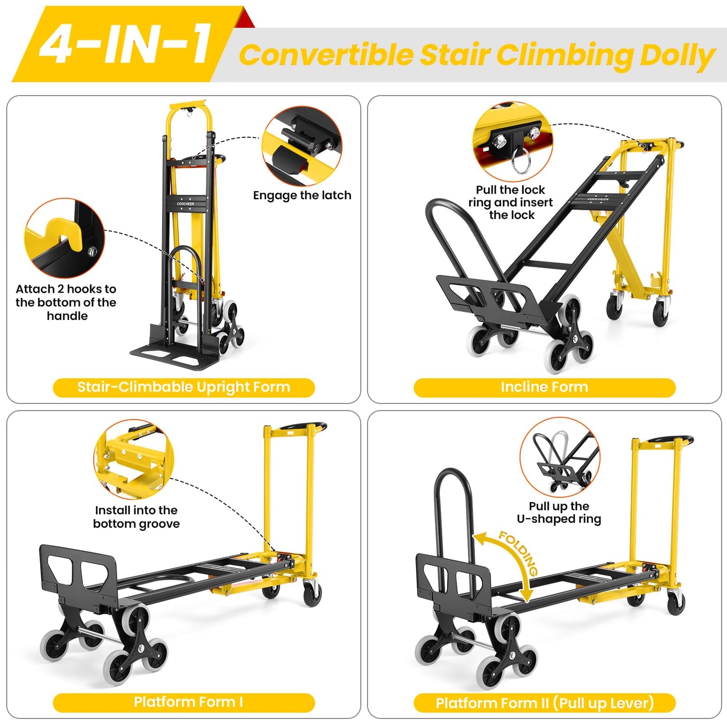 1000LBS Stair Climbing Hand Truck, 3-in-1 Folding Aluminum Dolly, Heavy Duty Convertible Cart for Warehouse, Home, Office & Transport Moving(Yellow)