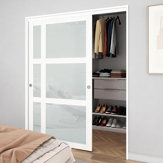 BARNSMITH 72x80 Sliding Closet Door, 3-Panels Preassembled Frosted Glass Door Panel with Hardware Kits & Matching Fascia, MDF Covered with Water-Proof & Anti-Scratch PVC Surface, White