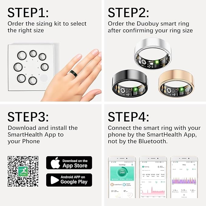 Smart Health Rings for Women Men, Fitness Tracker with Heart Rate, Blood Oxygen, HRV, Sleep Tracker, Step Tracker, No Subscription Fee, IP68 Waterproof Smart Ring for iphone & Android (Black, 12#)