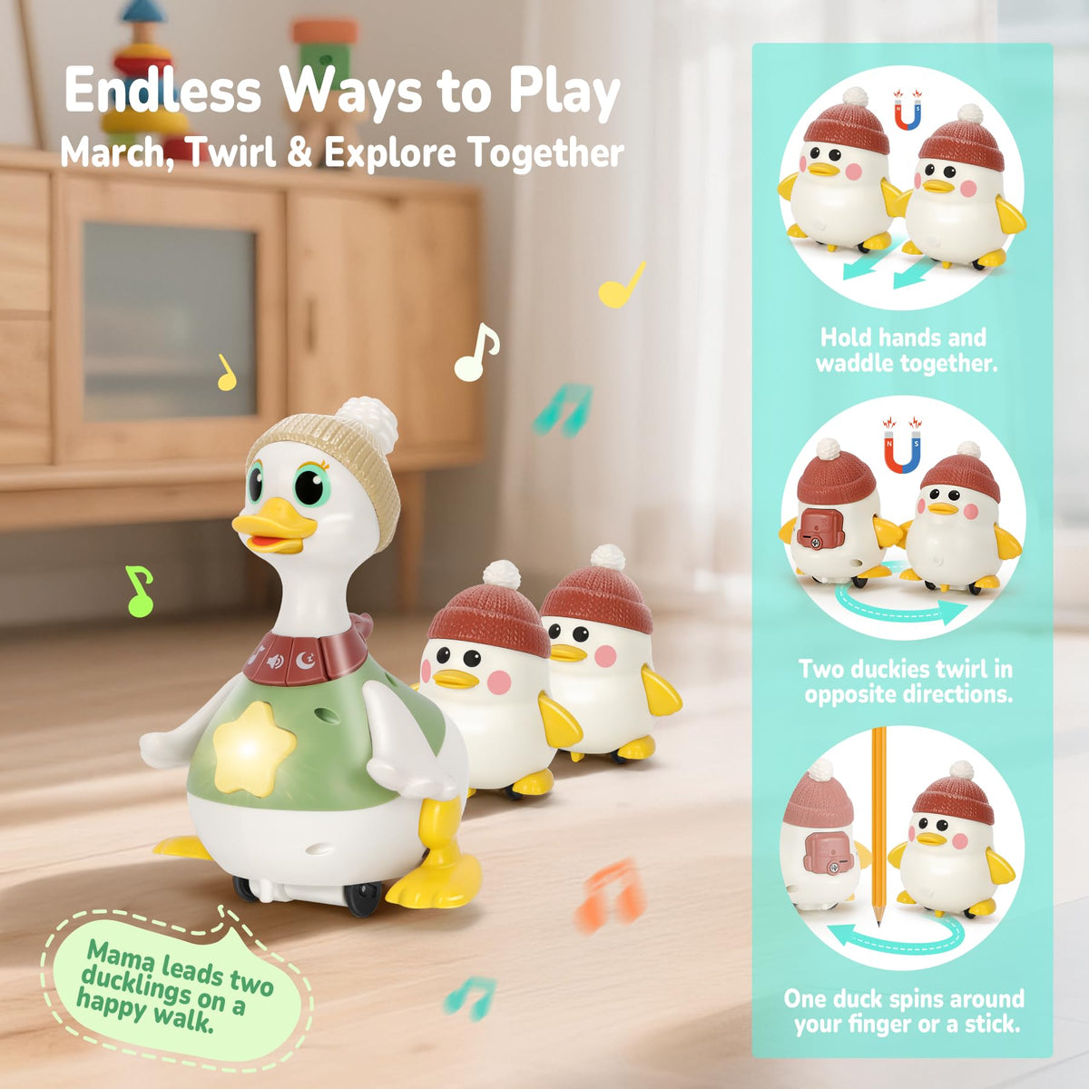 Hestiasko Baby Toys 6 8 10 12 Months, Tummy Time Duck Toy, Musical Dancing Duck Set with Lights & Sounds, Crawling and Interactive Sensory Learning Toy for Infants, Toddlers Gift for 1 Year Old Boy