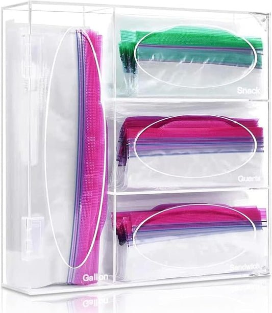 Plastic Bag Holder, Ziplock Bag Storage Organizer Acrylic Plastic Bags Organizer Drawer & Wall-Mount for Sandwich, Snack, Quartz, Gallon/Freezer