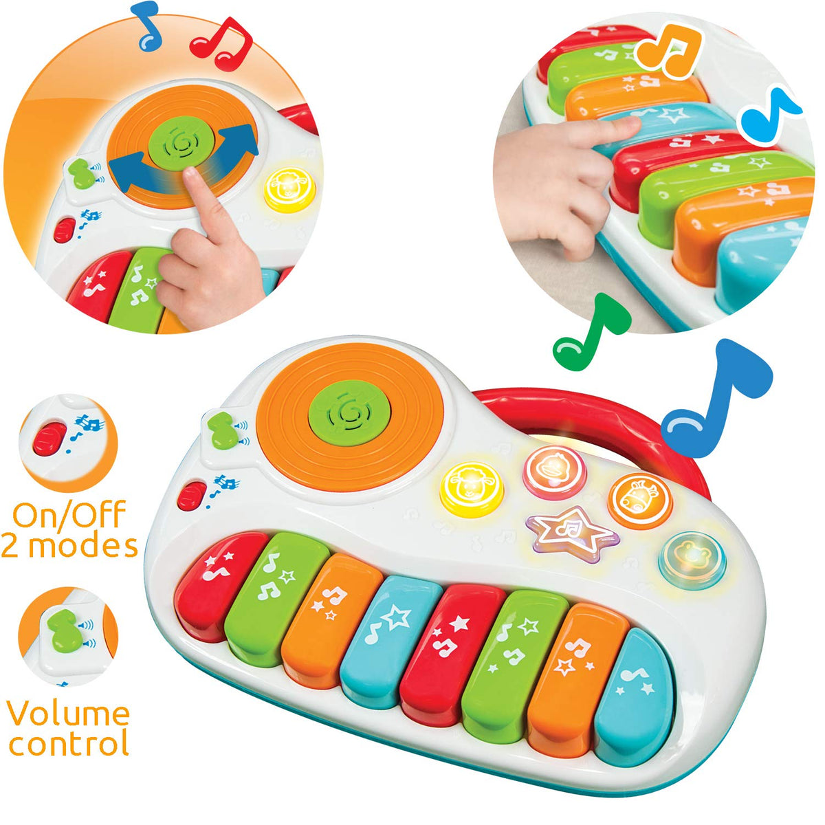 Musical Piano Toy for 1-3 Year Old Toddlers, 8-Key Rainbow Keyboard with DJ Turntable Scratchpad, 5 Light-Up Animal Buttons, Demo Songs, Volume Control and Carry Handle, Boys Girls Gift