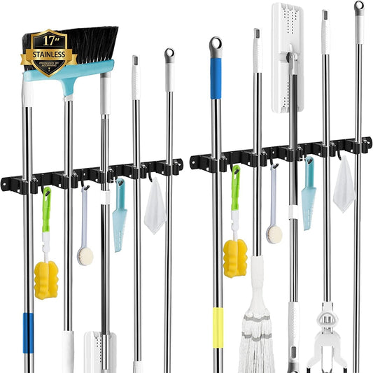 AceMining Broom Holder - 2 Pack Wall Mount Organizer with 5 Racks & 4 Heavy-Duty Hooks | Black Stainless Steel