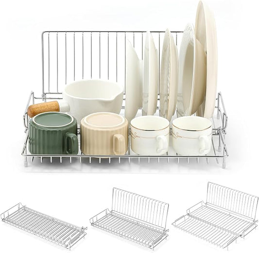 Foldable Dish Drying Rack, Small Dish Drying Racks, Collapsible Dish Drying Rack for Kitchen Counter - Compact Design, Stainless Steel, Silver