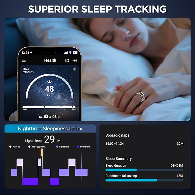 Smart Ring Health Tracker with Display Screen, Sleep Tracker Ring with Heart Rate, Fitness Ring Step tracker for Activity Monitoring/Steps/Calories,Wireless Charging, for iOS Android (Silver,13#)