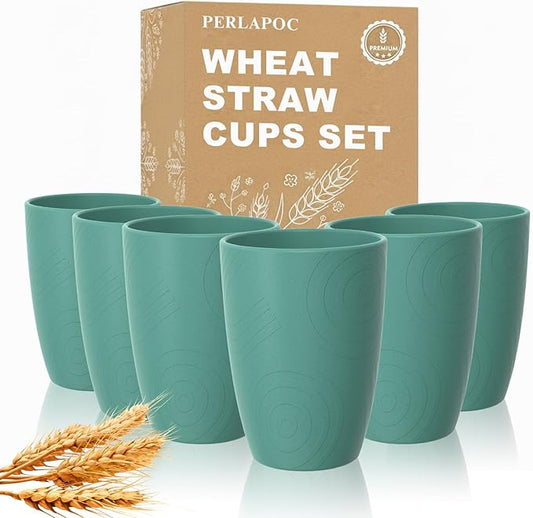 Wheat Straw Plastic Cups Set 6 PCS, 12 OZ Unbreakable Reusable Plastic Cups, Dishwasher Safe Kids Drinking Cups for Indoor and Outdoor Use, Green