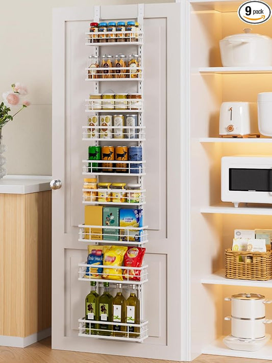 Delamu 9-Tier Over the Door Pantry Organizer, Adjustable Pantry Door Organizers and Storage, Metal Hanging Basket Wall Spice Rack Seasoning Organizer, Door Organizer Kitchen Bedroom Bathroom,12"White