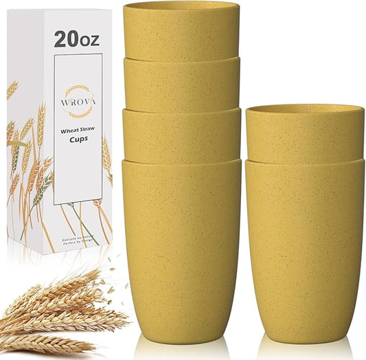 Wrova Wheat Straw Cups 6 PCS Good Alternative to Plastic Reusable Cups 20 oz Unbreakable Drinking Cup Reusable Dishwasher Safe Water Plastic Glasses Yellow Color