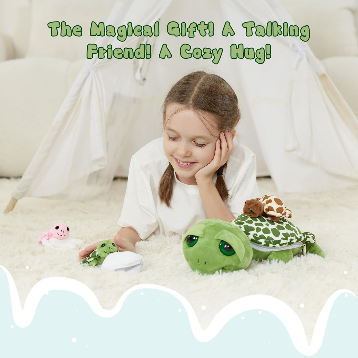 Karister 6Pcs Sound Turtle Plush Toy, 14" Talking Mother Turtle Stuffed Animal with 3 Baby Tortoise & 2 Eggs, Stuffed Educational Sea Creature for Kids, Ocean Plushies Gift for Birthday Christmas