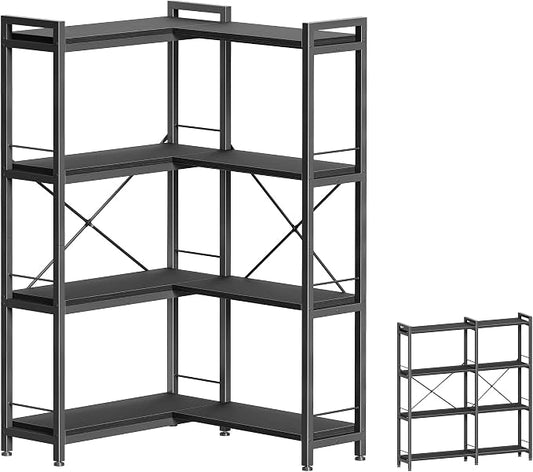 Huuger 4 Tier Bookshelf, L Shaped Corner Bookshelf with 8 Open Shelves, 49.4 Inch Straight Wide Bookcase with Metal Frame and Wooden Board, Adjustable Feet, Black
