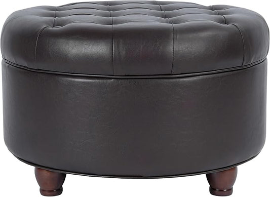 Homepop Home Decor | Button Tufted Faux Leather Round Storage Ottoman | Ottoman with Storage for Living Room & Bedroom (Distressed Brown)