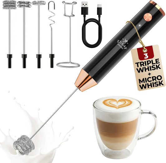 Zulay Kitchen Rechargeable Milk Frother - Powerful 2-Speed Motor, 4 Whisks, Waterproof - Dark Copper Drink Mixer for Lattes & Cappuccinos