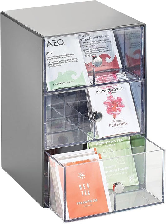 mDesign Plastic Wide Kitchen Pantry, Cabinet, Countertop Organizer Storage Station, 3 Drawers for Coffee, Tea, Sugar Packets, Sweeteners, Creamers, Drink Pods, Packets; 18 Sections, Dark Gray/Clear