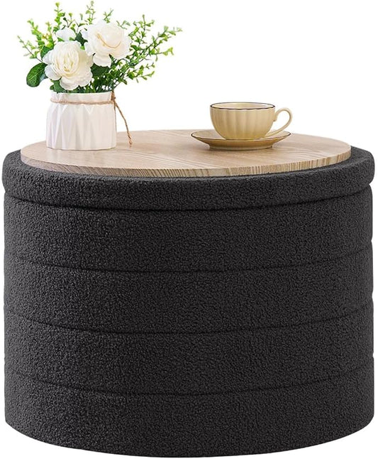 B FSOBEIIALEO Ottoman with Stroage, Round Sherpa Storage Ottoman Stool, Boucle Foot Rest22 x 22"x15.75" (Dark Grey)