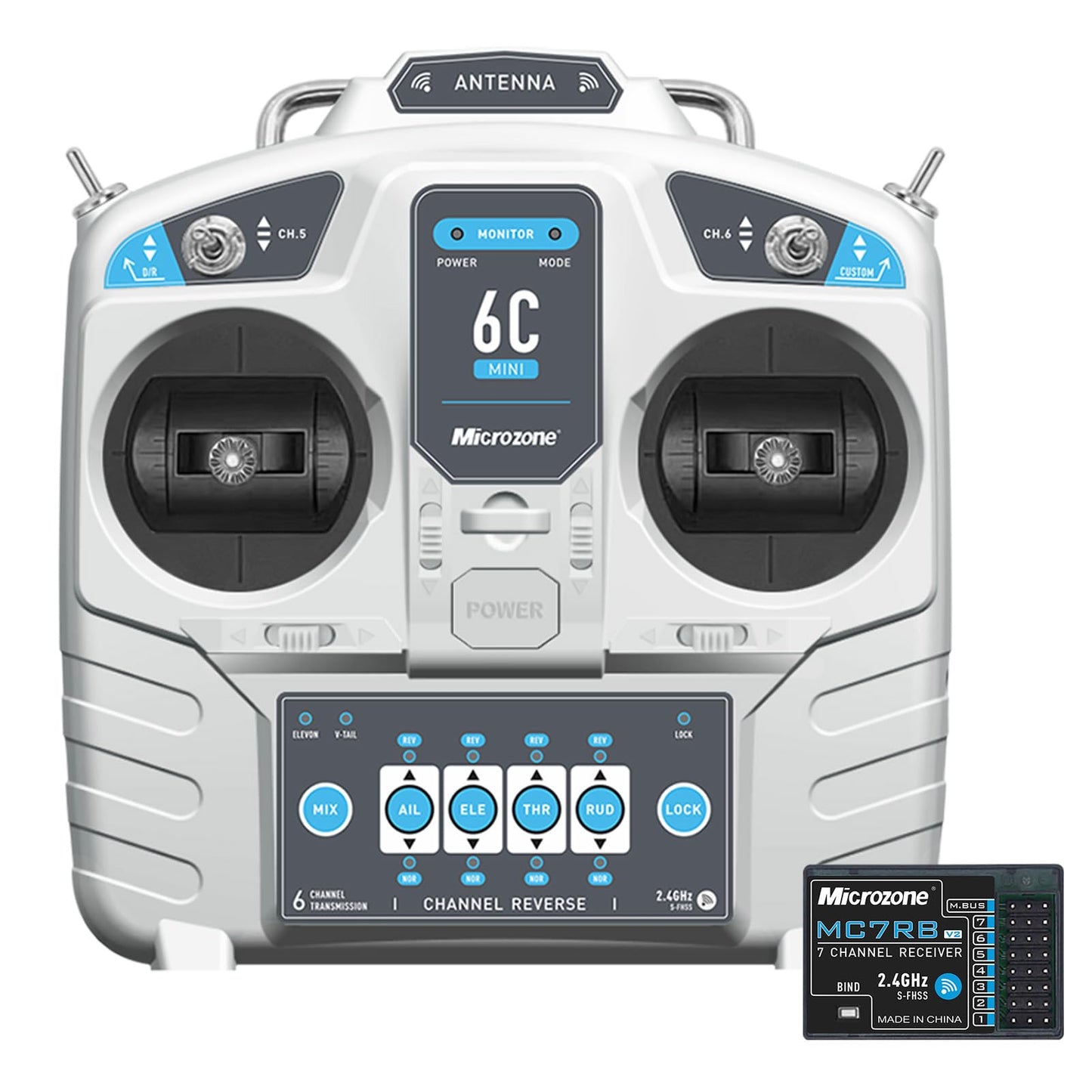 GoolRC MicroZone 6CH RC Transmitter and Receiver Compatible with MC6RE, E6R-E, MC7RB, and MC9002 2.4GHz Radio Controller for SU27 RC Airplane Drone Multirotor Helicopter Car Boat