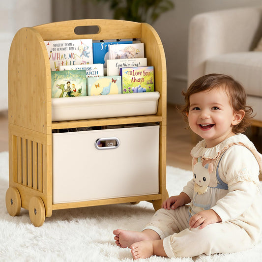 EZ2LIVE 2-Sided, 3-Tier Bamboo Kids Bookshelf, Montessori Shelf with Safe Wheels and Large Storage Drawer, Toddler Bookcase Nursery Book Shelves and Toy Storage for Baby Rooms Playroom Kindergarten