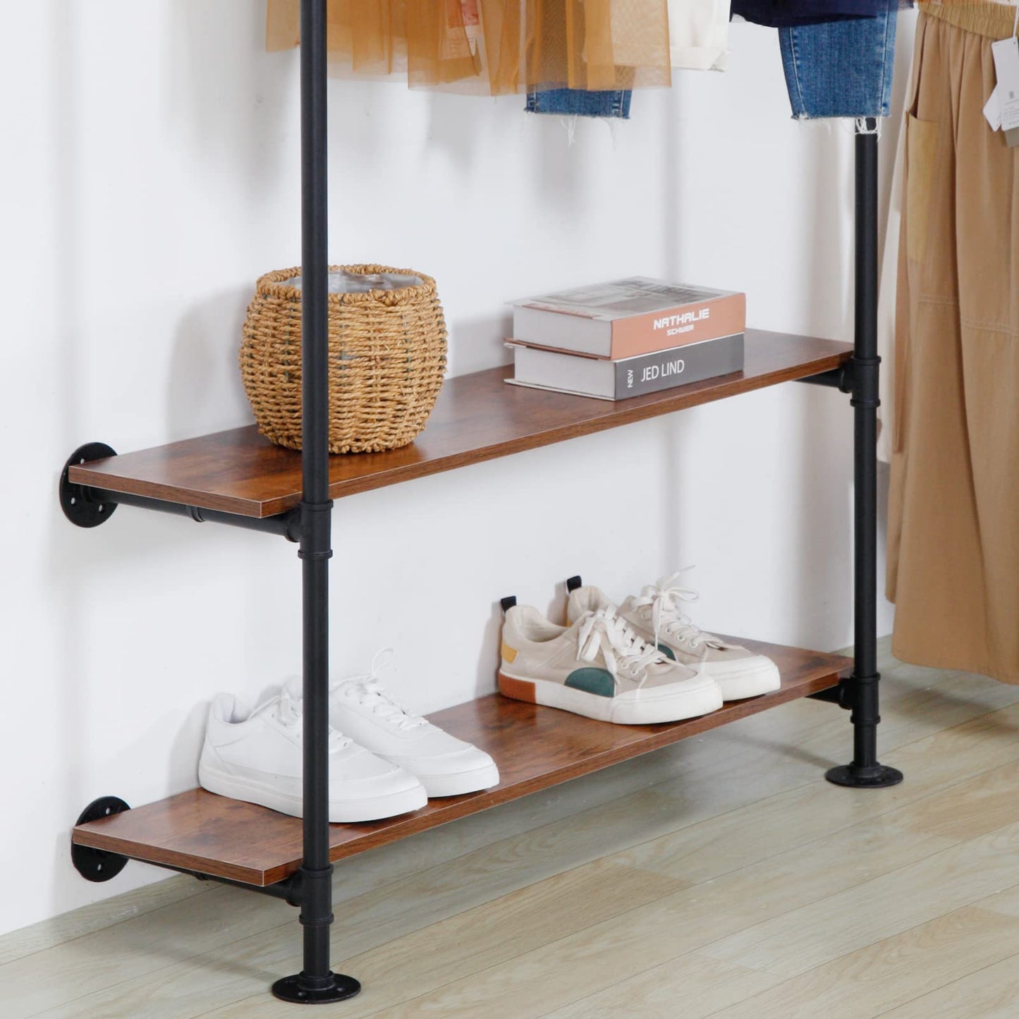 EDCB Clothes Rack Wall Mounted Clothing Rack Heavy Duty Metal Garment Rack Hanging Clothes Rack, Closet Hanger Rack with Shoe Rack (Black, 92.1X76.8inch)