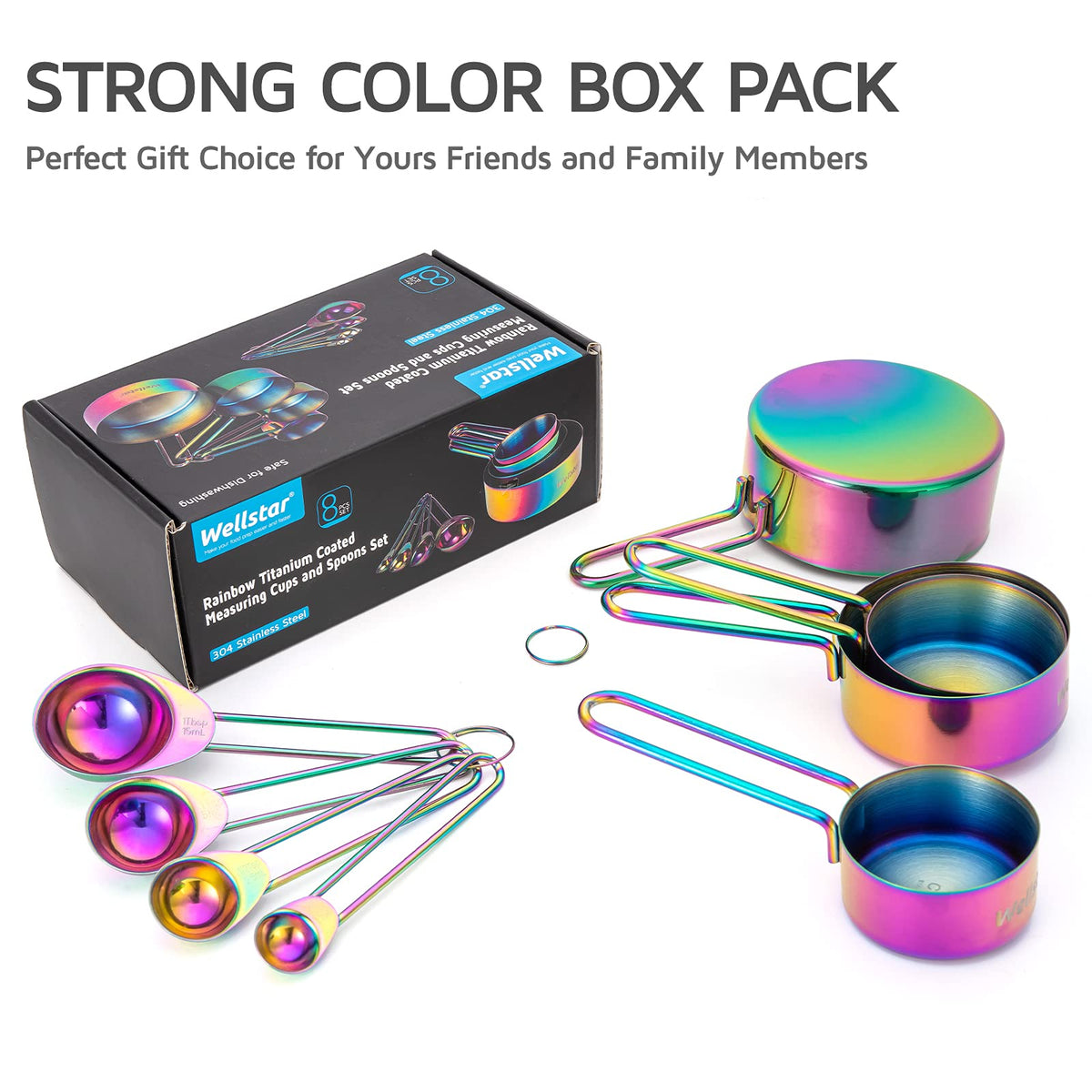 WELLSTAR Measuring Cups and Spoons Set of 8, Food Grade 18/8 Stainless Steel Measure set for Dry Liquid Measurement, Rainbow Titanium Coated Kitchen Gadgets for Cooking Baking, 4 Cup and 4 Spoon