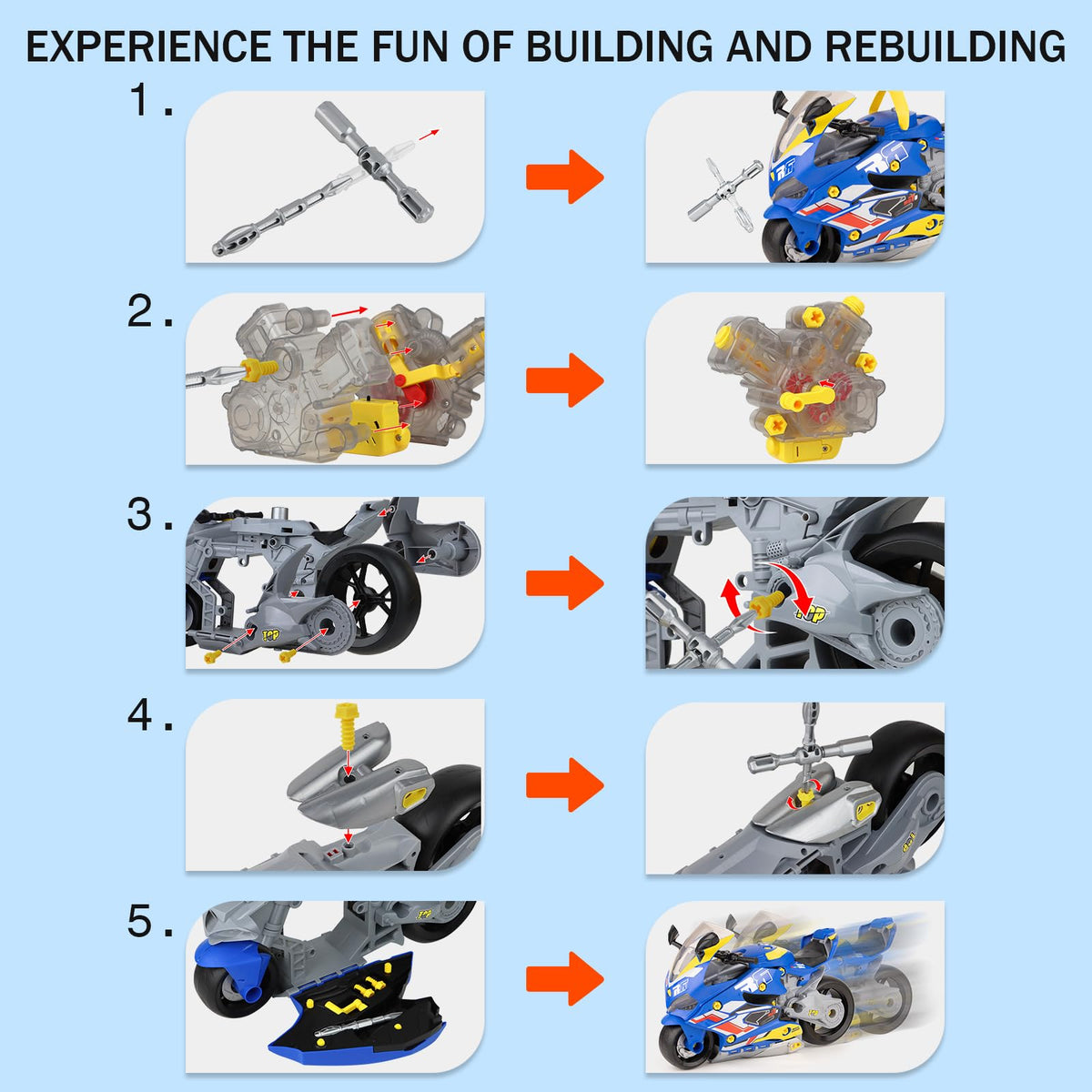 Take Apart Motorcycle Toy for Kids 3-5, Mechanic Toy DIY Repair Set with LED Lights, Real Engine Sounds & Spraying Exhaust - STEM Building Toys Engine Build Kit Birthday Gift for 3 4 5 6+ Year Old Boy