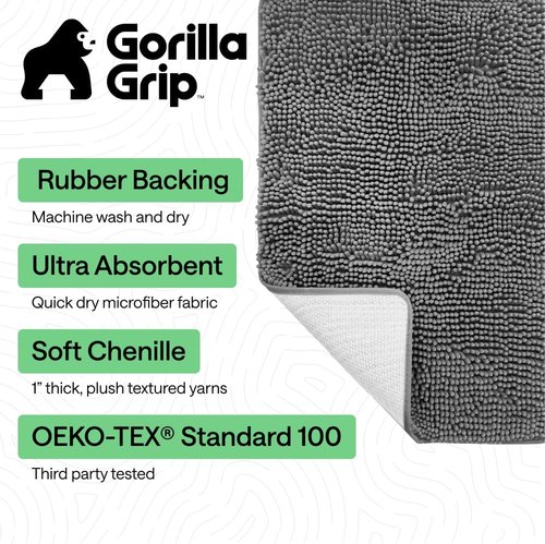 GORILLA GRIP Bath Rug Mat - Thick Soft Chenille | Quick Dry Microfiber, 30x20, Grey Washable Bathroom Accessory