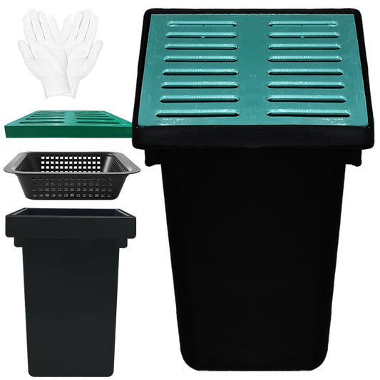 18x18x24 in Large Catch Basin for Drainage with Debris Basket,Catch Basin with Fiber Glass Grate,French Drain Catch Basin Without pre drilled Holes are Suitable for courtyards, downspouts, lawns