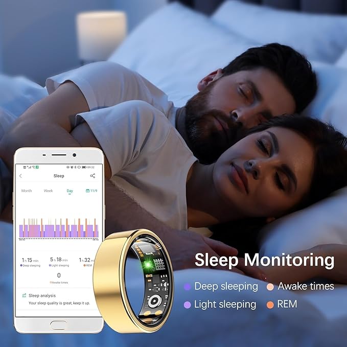 Health Tracker Ring, Smart Health Ring for Women Men with Heart Rate, Blood Oxygen, Sleep Monitor, Steps,Calories, No Subscription Fee, IP68 Waterproof Smart Ring for iPhone & Android (Gold, 8#)