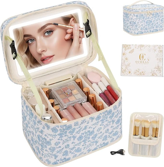OCHEAL Large Makeup Bag With LED Mirror, Lightweight Travel Makeup Bag With 3 Color Setting Light Up Mirror Cosmetic Makeup Organizer Vanity Case for Women Beauty Tools Accessories Train Case-Floral