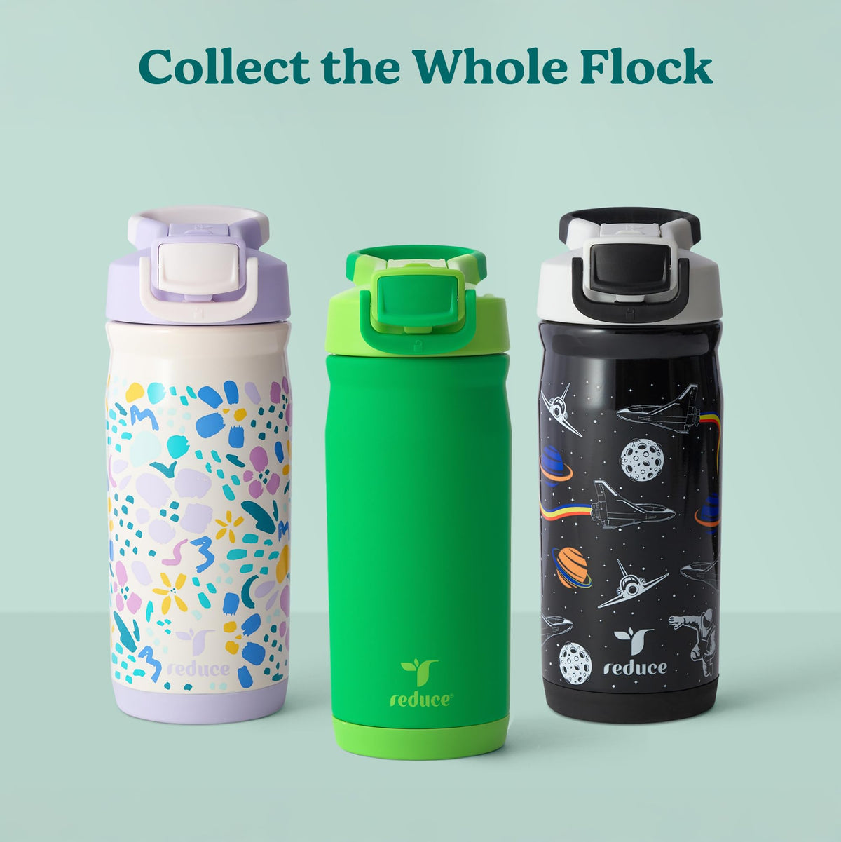 Reduce Hydrate Pro Kids 14oz Stainless Steel Insulated Water Bottle w/Straw – Spill Proof Tumbler for Kids – 30 Hour Cold Retention – Dishwasher Safe Leak-Proof Design - Jurassic Space