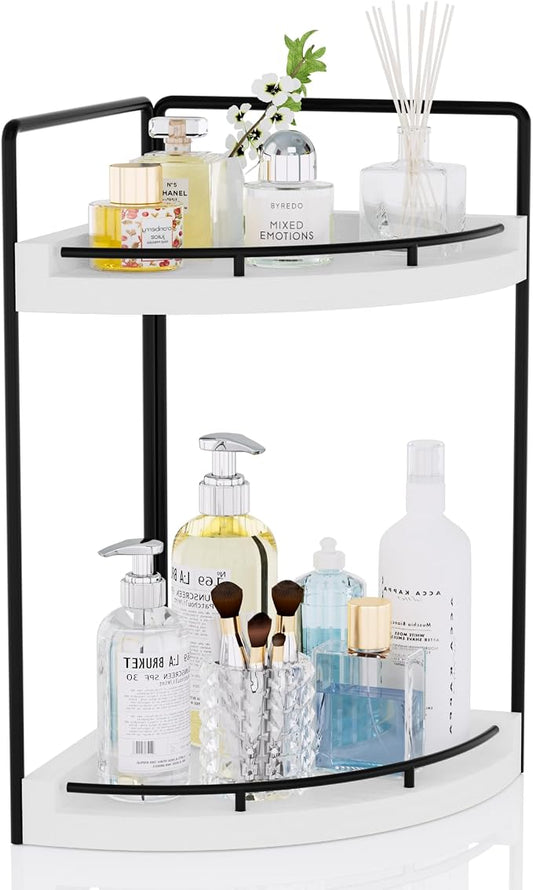 Corner Bathroom Counter Organizer, 2 Tier Wood Vanity Storage, Waterproof Skincare Shelf for Kitchen & Toiletries Decor, Dresser (White-2 Tier)